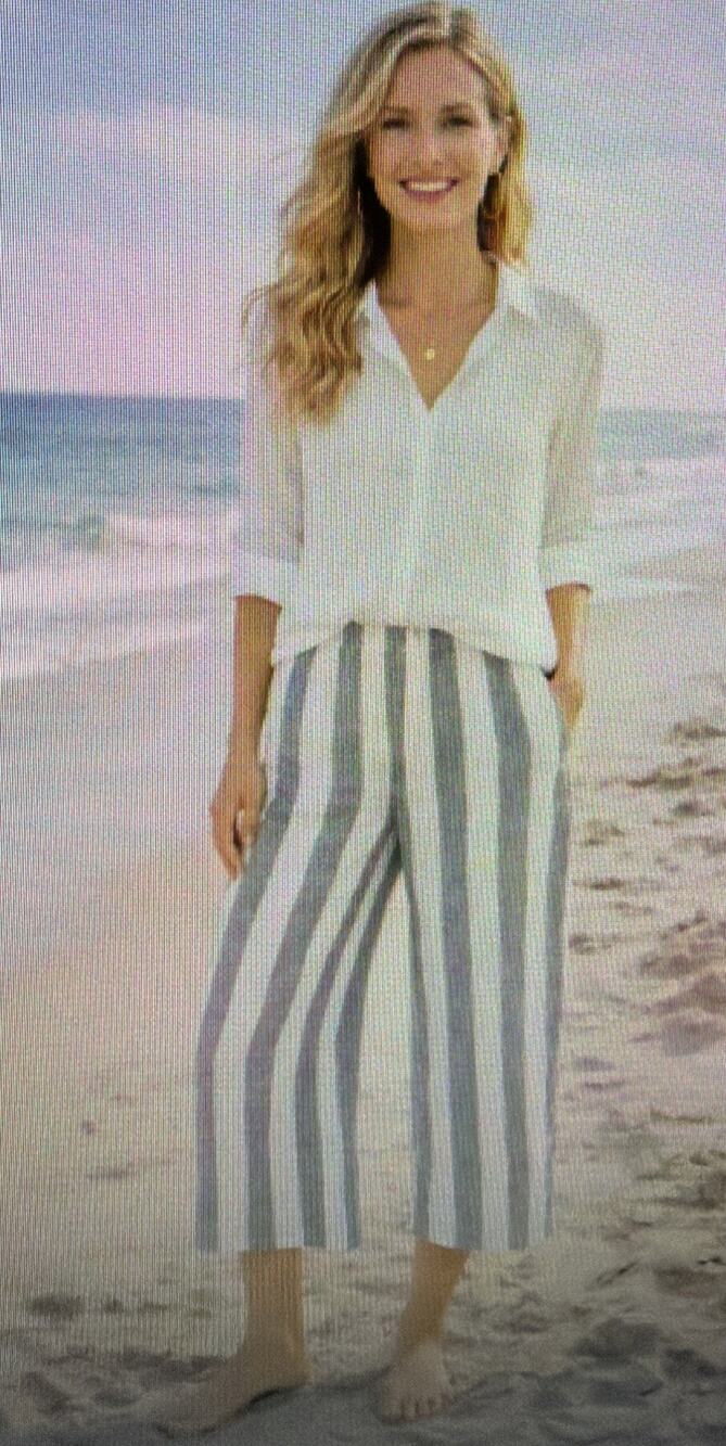Christian Siriano XL 100% Linen Women’s Wide Leg Cropped Pull On Pants Striped